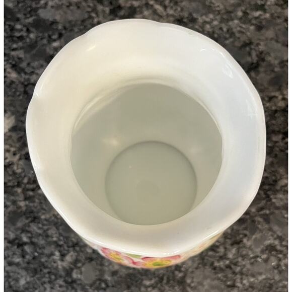 Vintage White Milk Glass Vase with Hand Painted Pink & Yellow Floral Motif - Picture 5 of 6